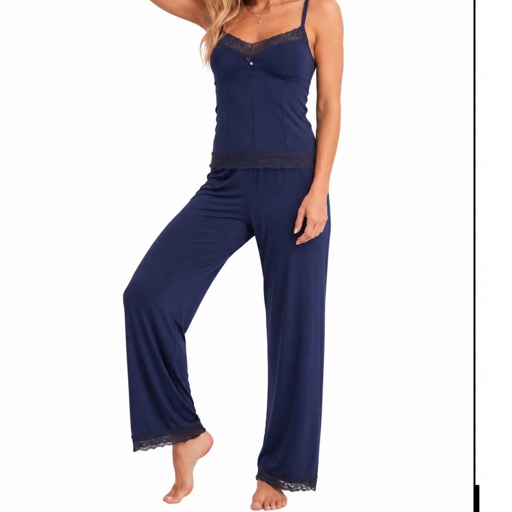 Adore Me Navy Lace-Trim Camisole & Wide-Leg Pajama Set